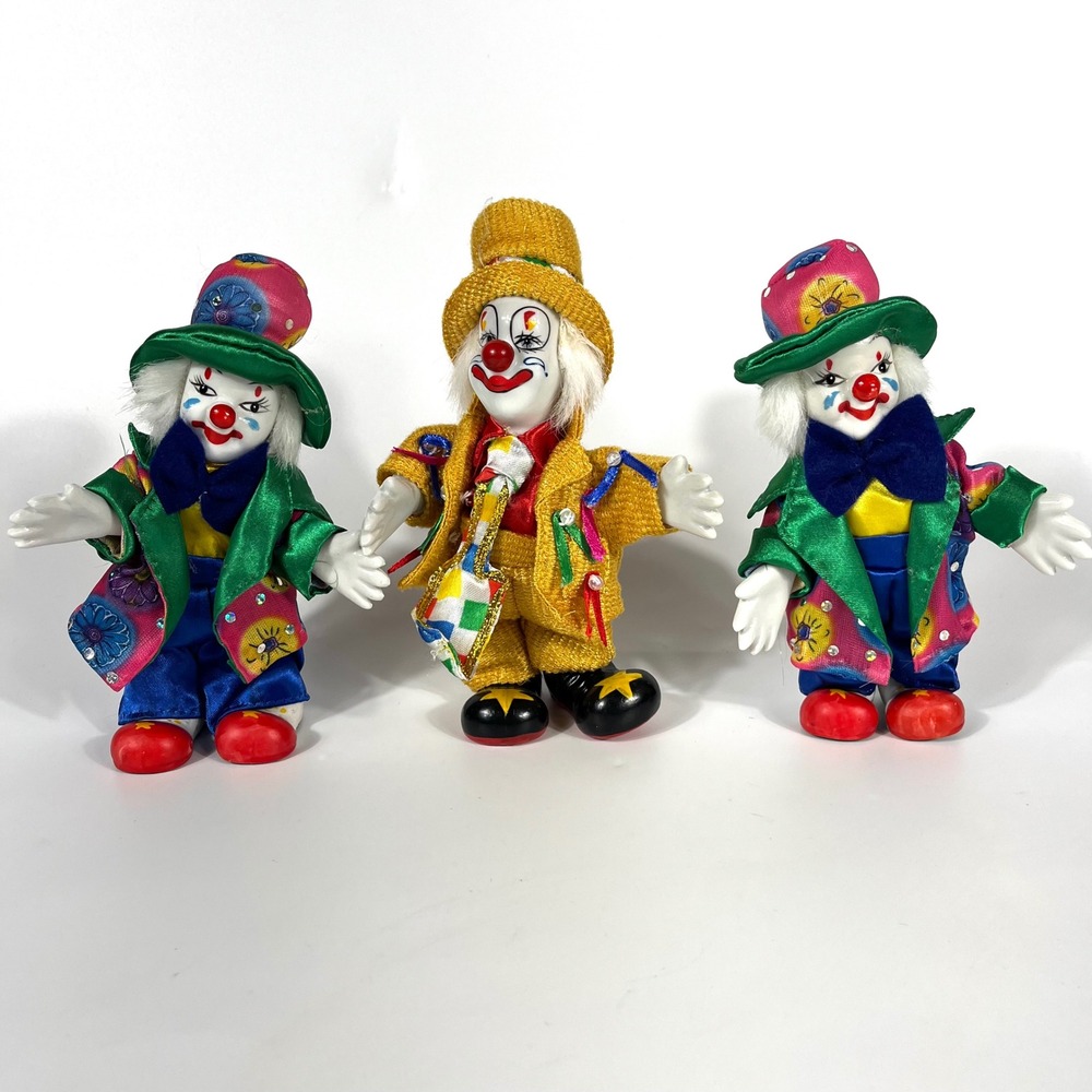 3 Vtg Psychedelic Clown Dolls 7" Porcelain‎ Colorful Posable Whimsy Lot Set NWOT
